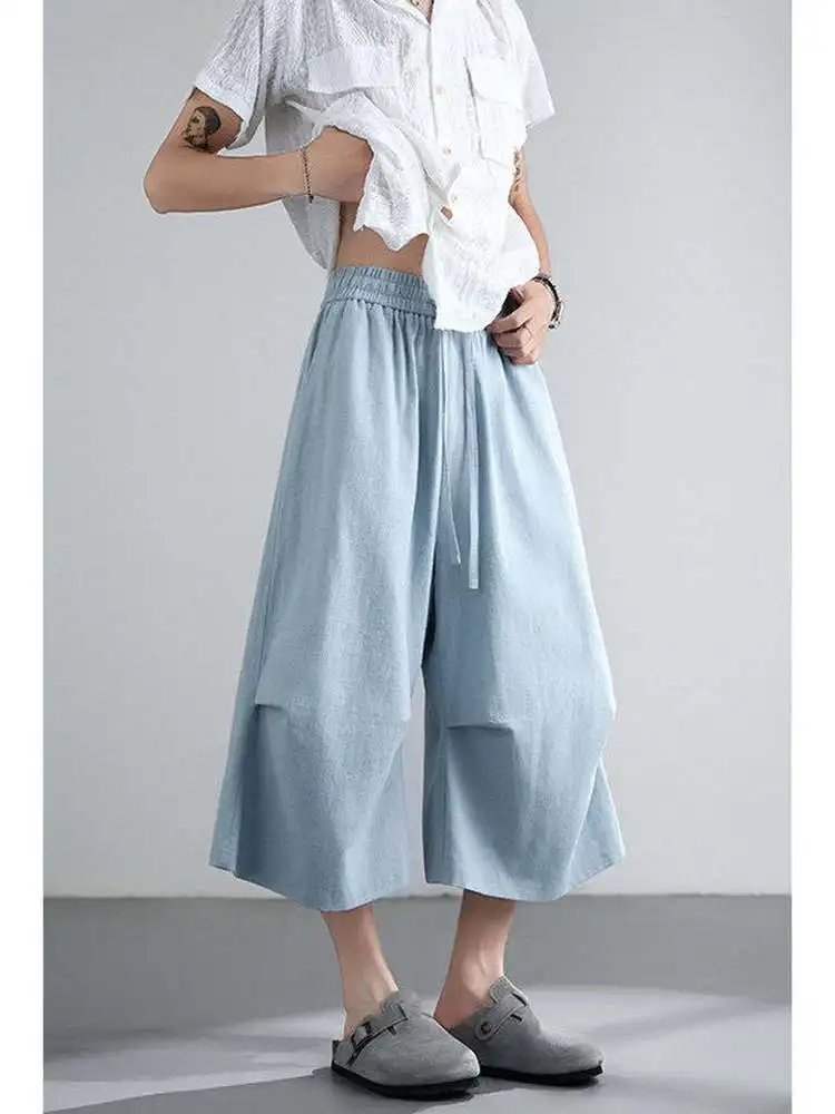 

Повседневные плиссированные льняные широкие брюки на семь футов для мужчин и женщин, летние модные свободные повседневные брюки больших размеров прямого кроя