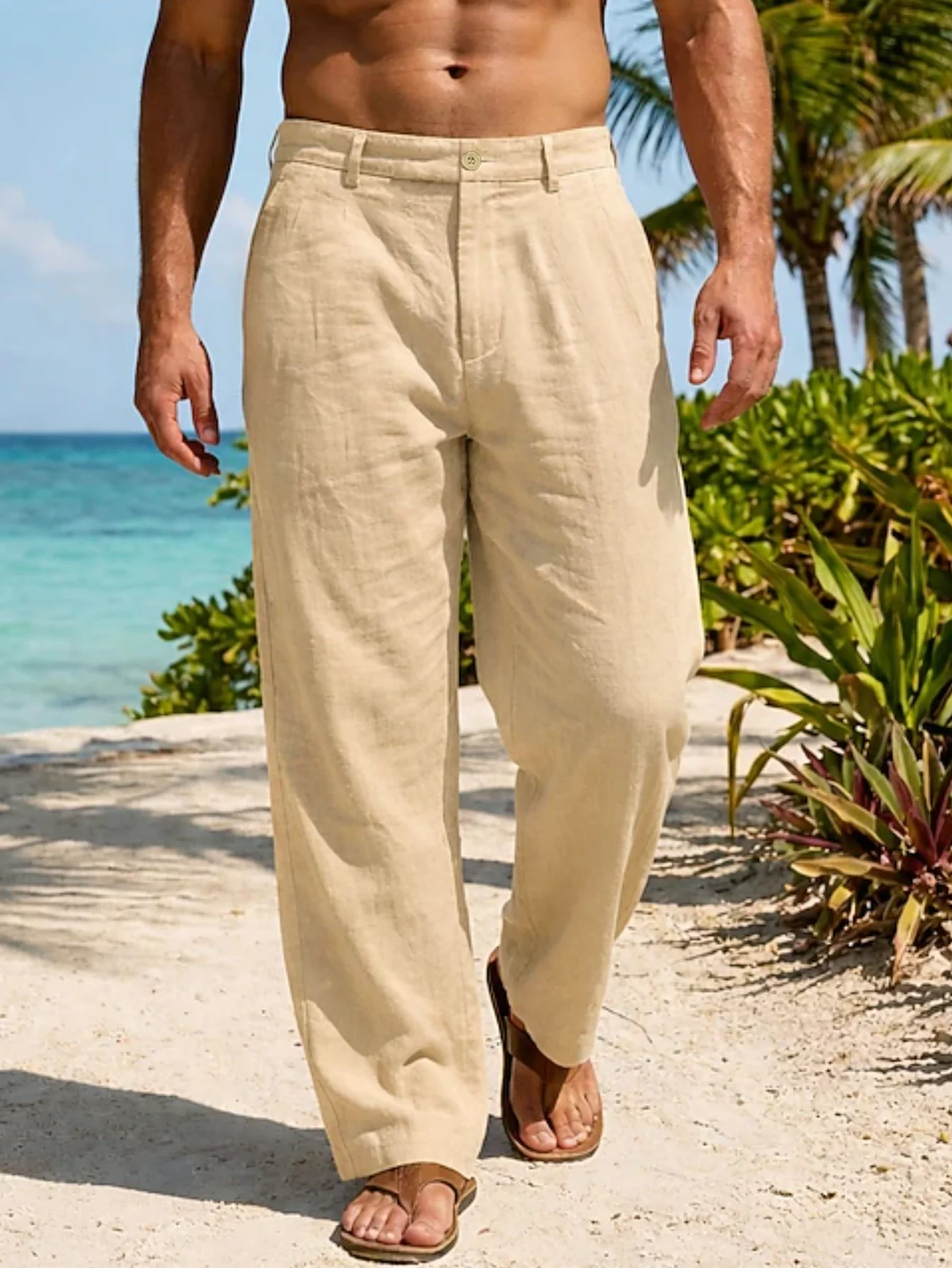 Neue Sommer-Leinenhosen für Herren, dünn, atmungsaktiv, locker fallende Straight-Leg-Hosen für Strandurlaube. – Detail 5