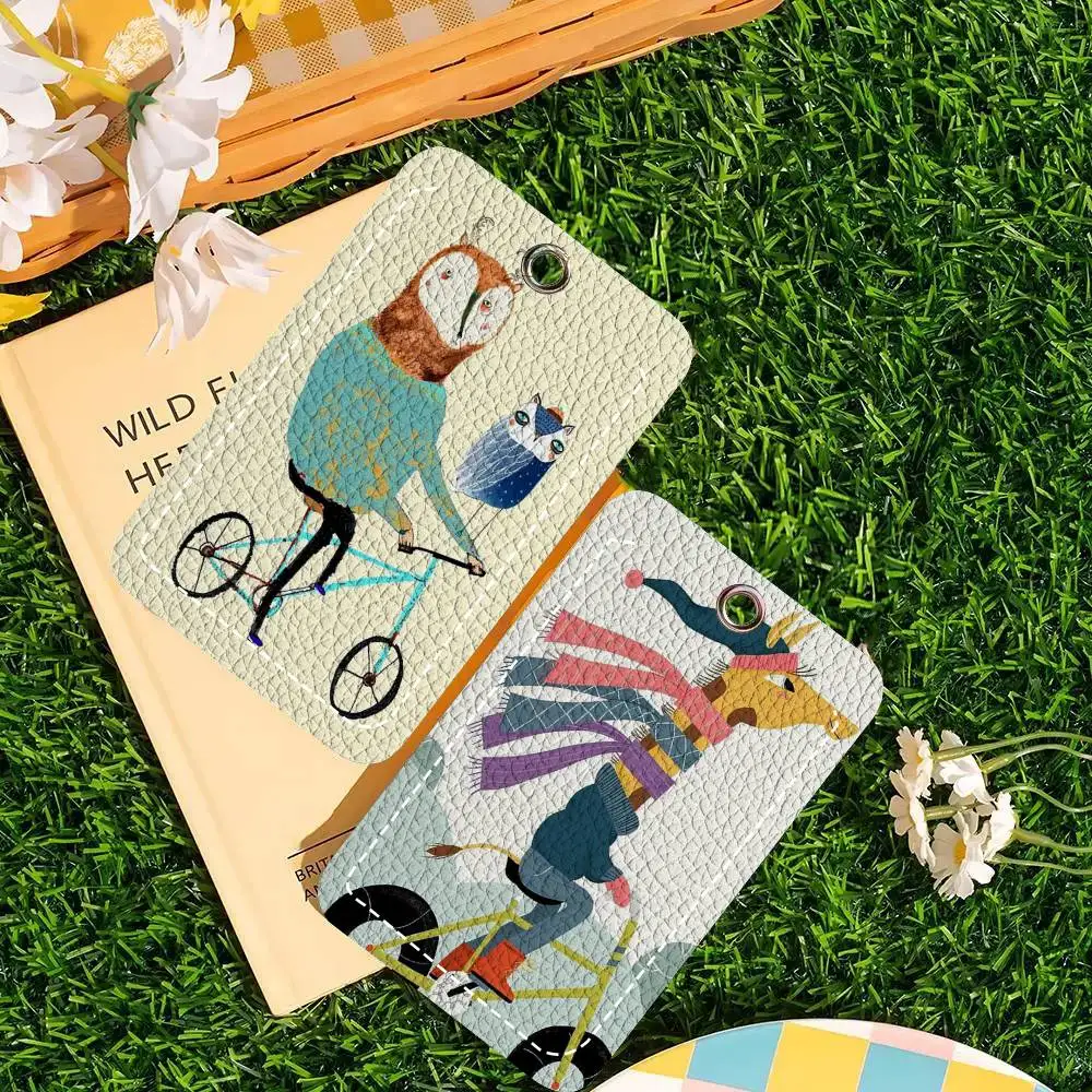 Animal Skateboard Tiger On Bicycle Card Wallet With Keychain PU Leather Printed Pattern Card Holder