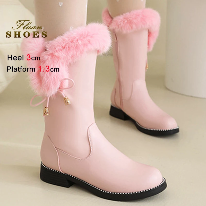 

2025 Зимние женские рыцарские сапоги с милым бантом, розовые круглые носки, толстые низкие каблуки 3 см, зимние сапоги с мехом, длинные сапоги с боковой молнией, вечерние туфли