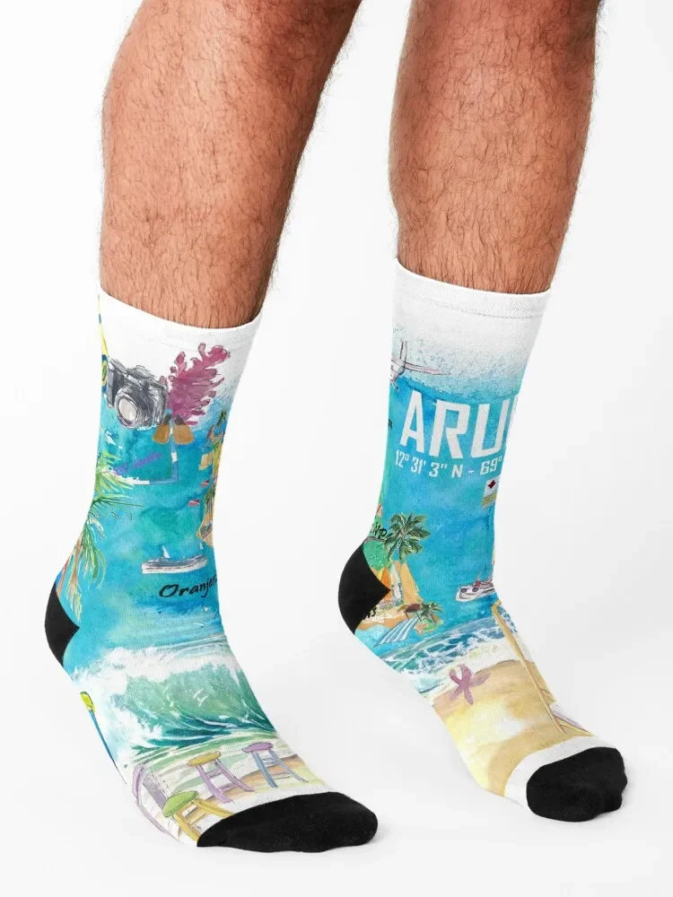 Aruba Dutch Antilles Caribbean Island Illustrated Travel Map with Tourist Highlights Socks christmas gifts Socks For Man Women's