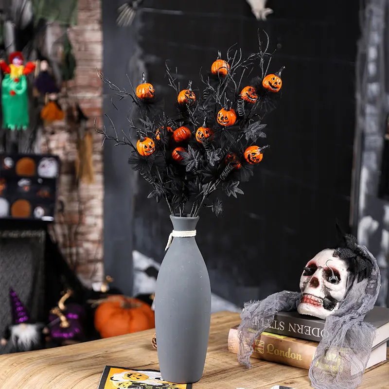 Halloween Decorations Artificial Pumpkin Maple Leaf Floral Stems Faux Branches Decoration Gothic Home Vase Arrangement Decor