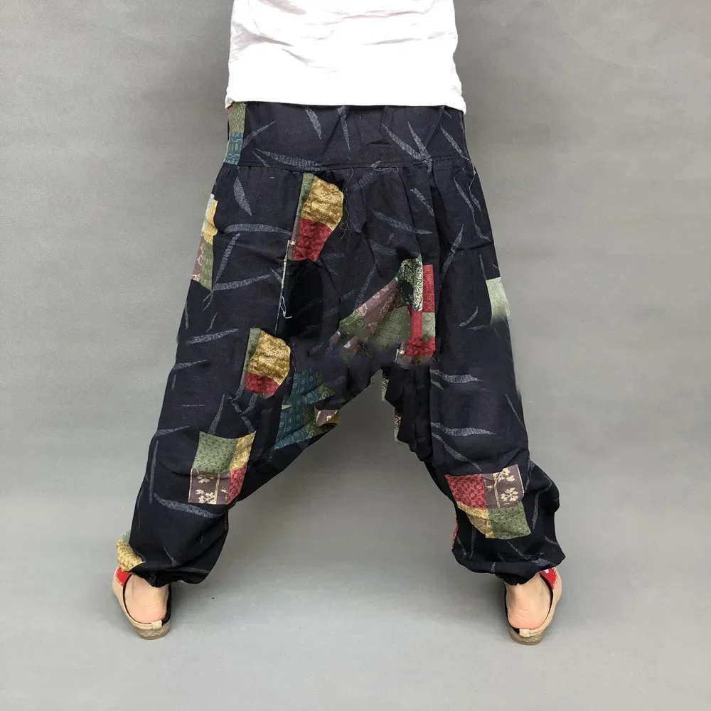 Men Harem Pants Printing Elastic Waist Loose Trousers Men Streetwear Vintage Ethnic Style Casual Drop-crotch Pants