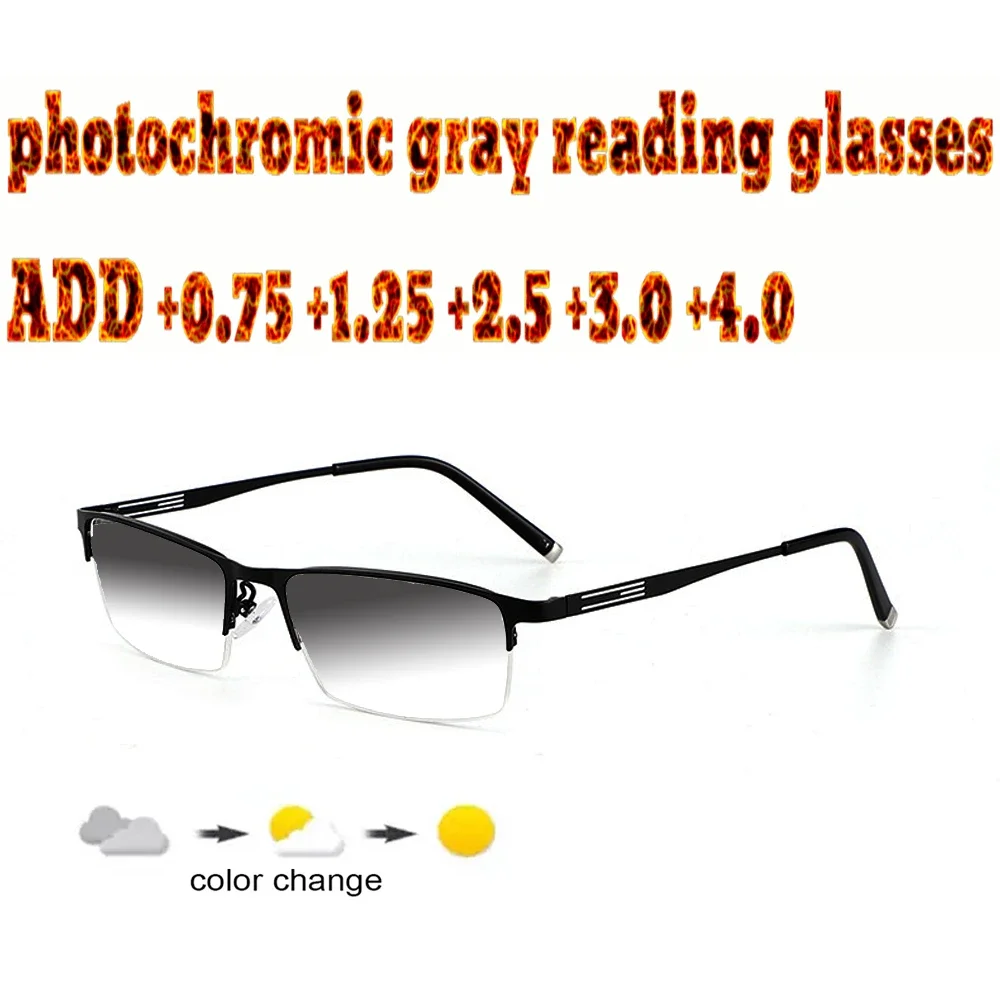 Alloy Frame Halfrim Ultralight Photochromic Reading Glasses for Business Men Gentlemen+1.0 +1.5 +1.75 +2.0 +2.5 +3 +3.5 +4