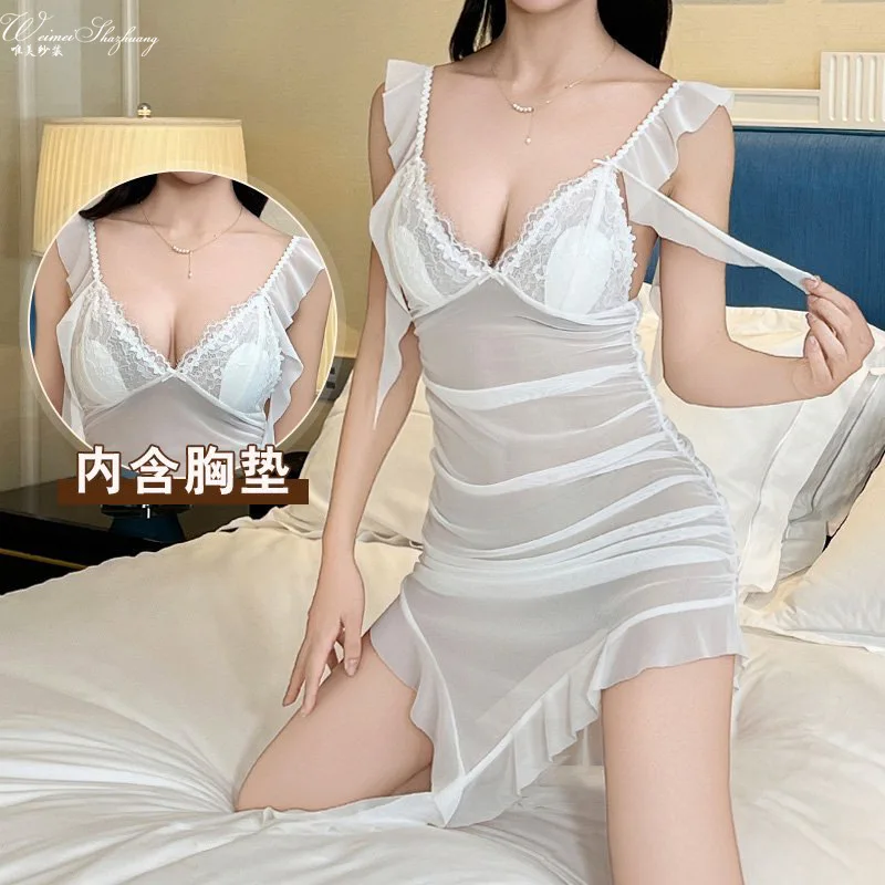 Sexy Pure Desire Nightdress Ruched Slimming Sheer Mesh Passion Backless with Chest Pads Slim Fit Strap Nightgown