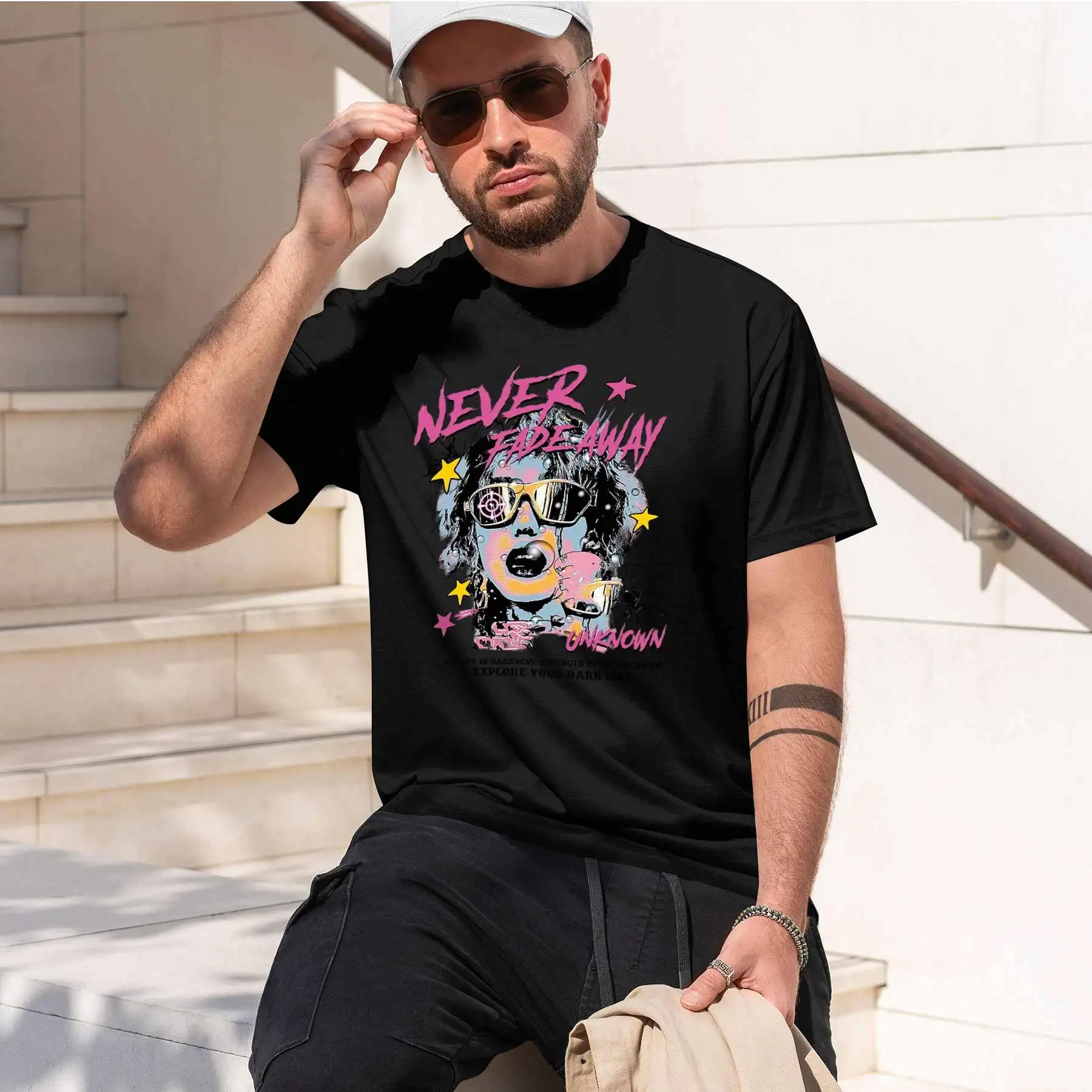 new printed T-shirt printed with  Men's Cyberpunk Never Fade Away Print T-Shirt Explore Dark Aesthetics Unknown Power Trendy Top