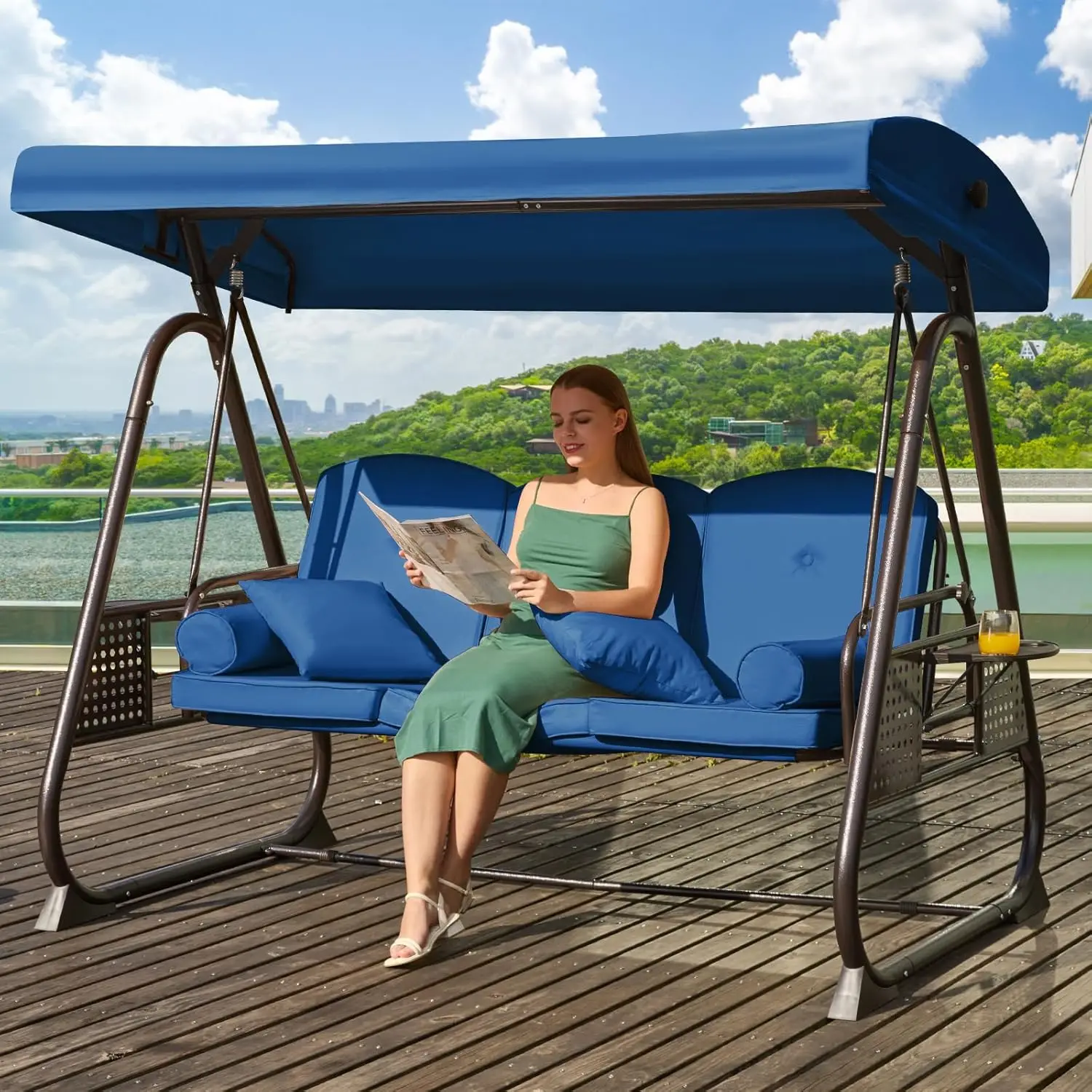 3 in 1 Outdoor Porch Swing Adjustable Canopy 3 Seat Swing Adults Patio Swing Chair Thickened Cushions Pillows Cup Holders Blue