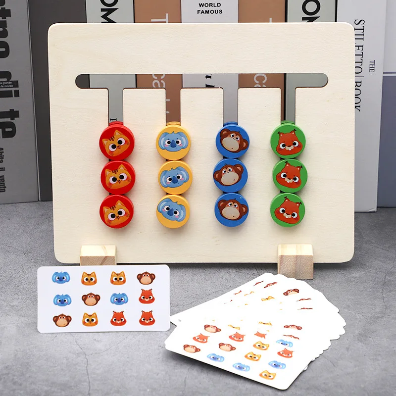Double-sided Wooden 4 Color Slide Puzzle, Montessori Logic Sorting Game, Early Educational Toy for Toddlers Boys Girls