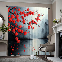 2pcs, spring summer Curtains red plum blossom Sheer Curtains Versatile Polyester Outdoor Decorations Perfect for Bedroom Office