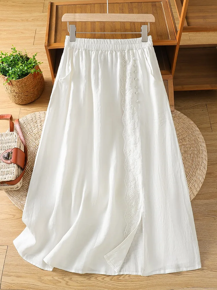 High Waist A-Line Midi Skirt Lace Embroidery Cotton Linen Blend Split Design Summer Casual Women's Skirt Artistic Style