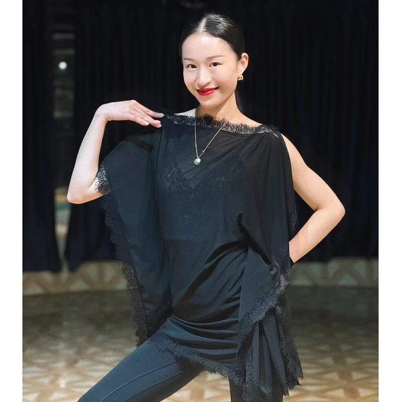 

Black Lace Irregular Latin Dance Tops Loose Practice Dancewear Women Rumba Salsa Dance Clothes Adult Samba Dance Tops DNV25322