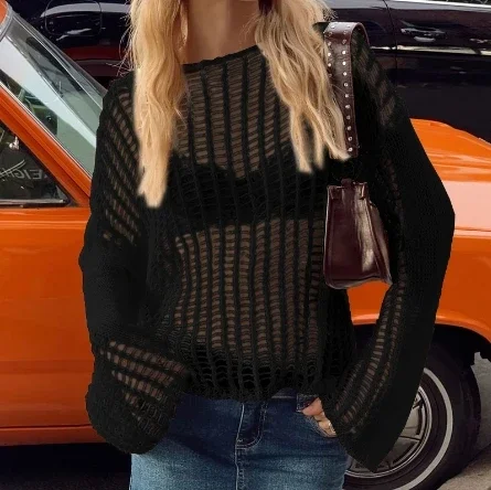 Women's Fashionable Casual Hollow Knitted Long Sleeved Sunscreen Shirt 2024 Autumn and Winter New Item in Stock