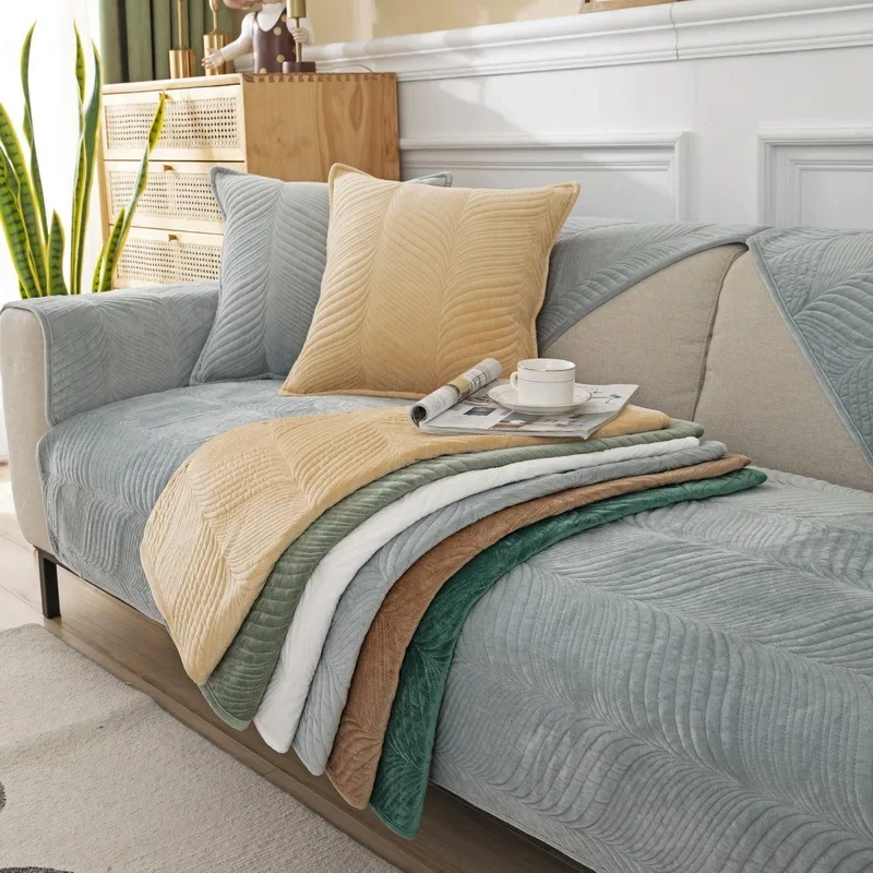 Modern Simple Autumn and Winter Plush Solid Color Embroidered Sofa Cushion Super Soft Non-Slip Two-Person Sofa Cushion Towel