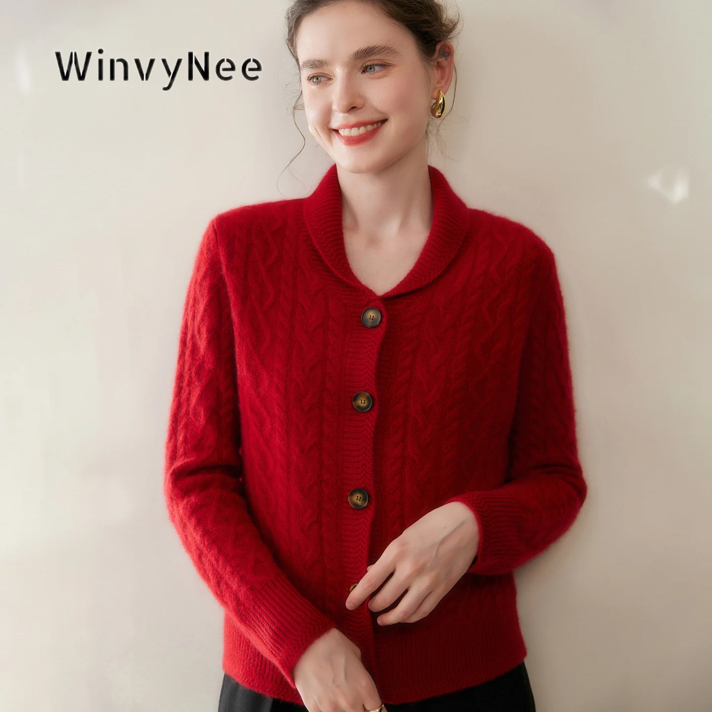 WinvyNee Women Cashmere Knit Jacket Lapel Collar Textured Top Relaxed Fit Luxury Basic Autumn Winter Outer Wear Garment B1054090