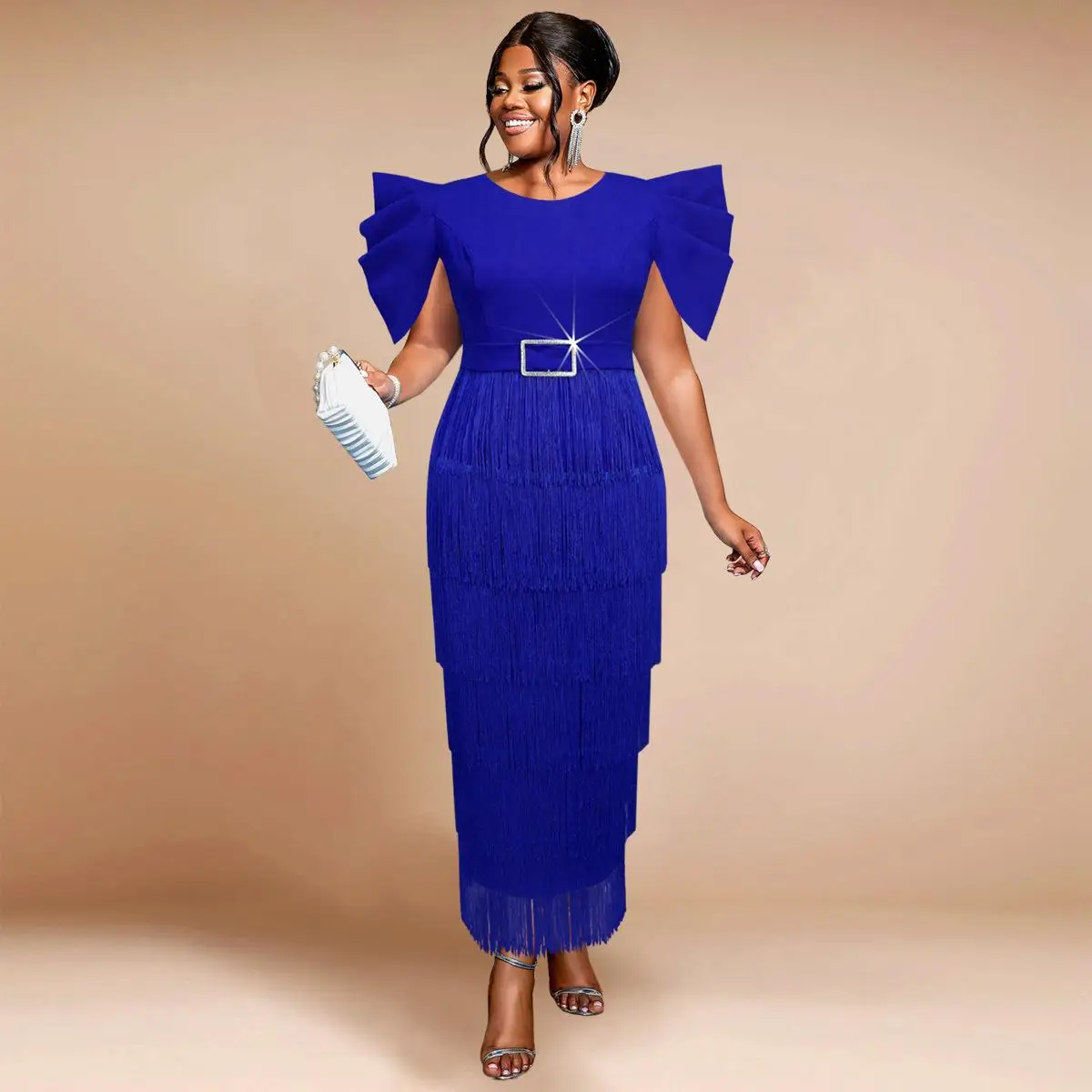 

High Waisted Gathered Fringe Skirt Elegant plus Size Women's Party Long A-Line Dress Citywalk Side Zipper round Neck