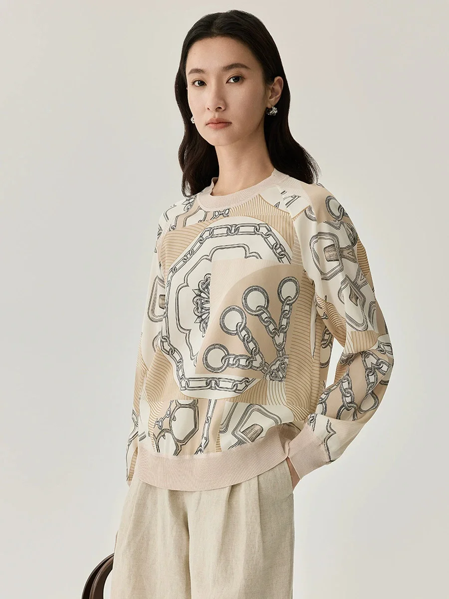 Birdsky, 1PC Women sweater outwear pullover top long sleeve 90% mulberry silk 10% spandex chains print, S-1049