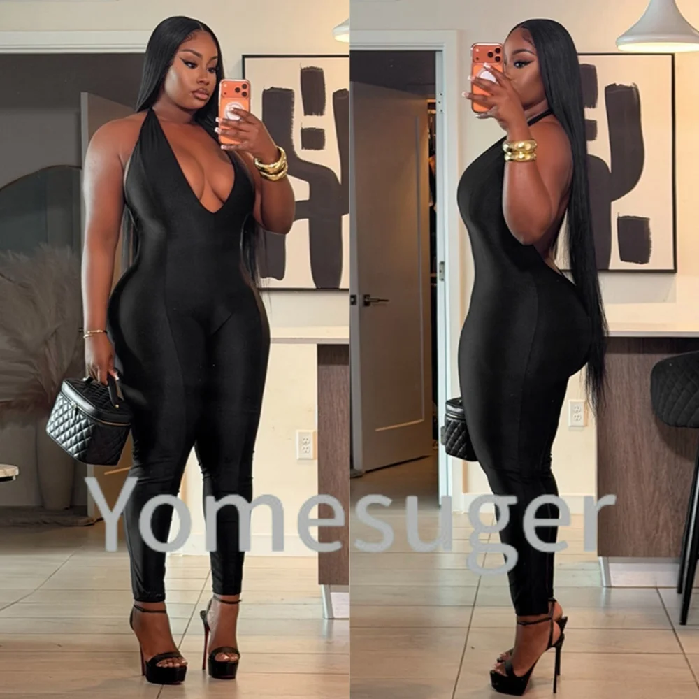 Yomesugar Sexy Black Halter Lace-up Jumpsuit Women Deep V-neck Backless Sleeveless Bodycon Rompers Club Night Party Outfits