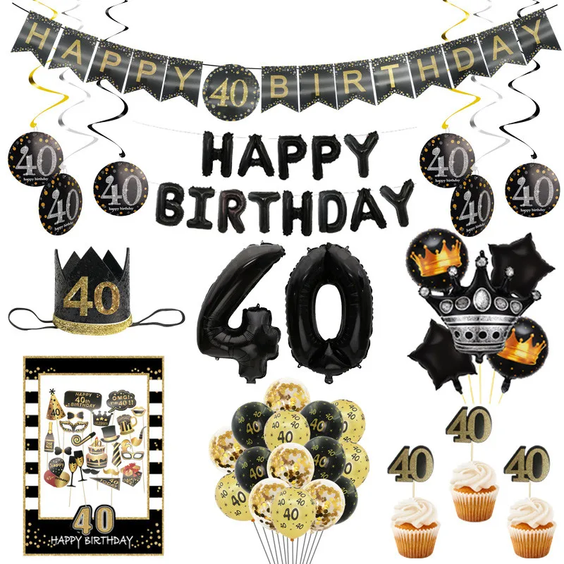 

40 Year Birthday Banner Cupcake Toppers Number Balloons Photo Booth Props Swirls Spiral Ornaments Adult Birthday Party Supplies