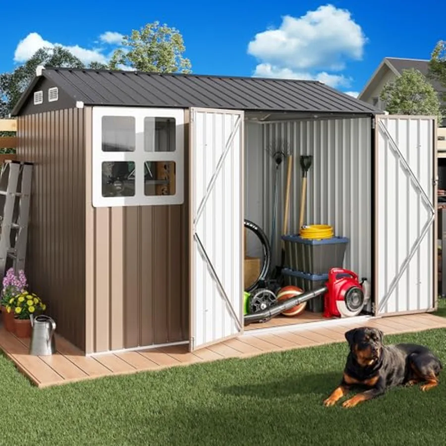 8x6FT Outdoor Storage Shed for Poolside Patio Backyard, Brown Metal, Breathable Vent Lockable Doors, Clear Window Tool Shed