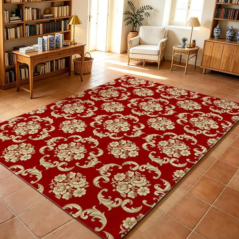 1PC Red Cream Floral Pattern Area Rug, Modern Washable Patio Rug for Front Door, Living Room, Dining Room, Apartment Balcony Outdoor