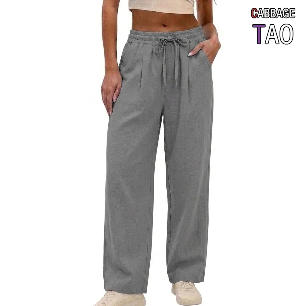 New Womens Cotton Broad Leg Slacks Oversized High Rise Long Pants Supple Joggers Loose Drawcord Sweat Trousers for Athletic Use