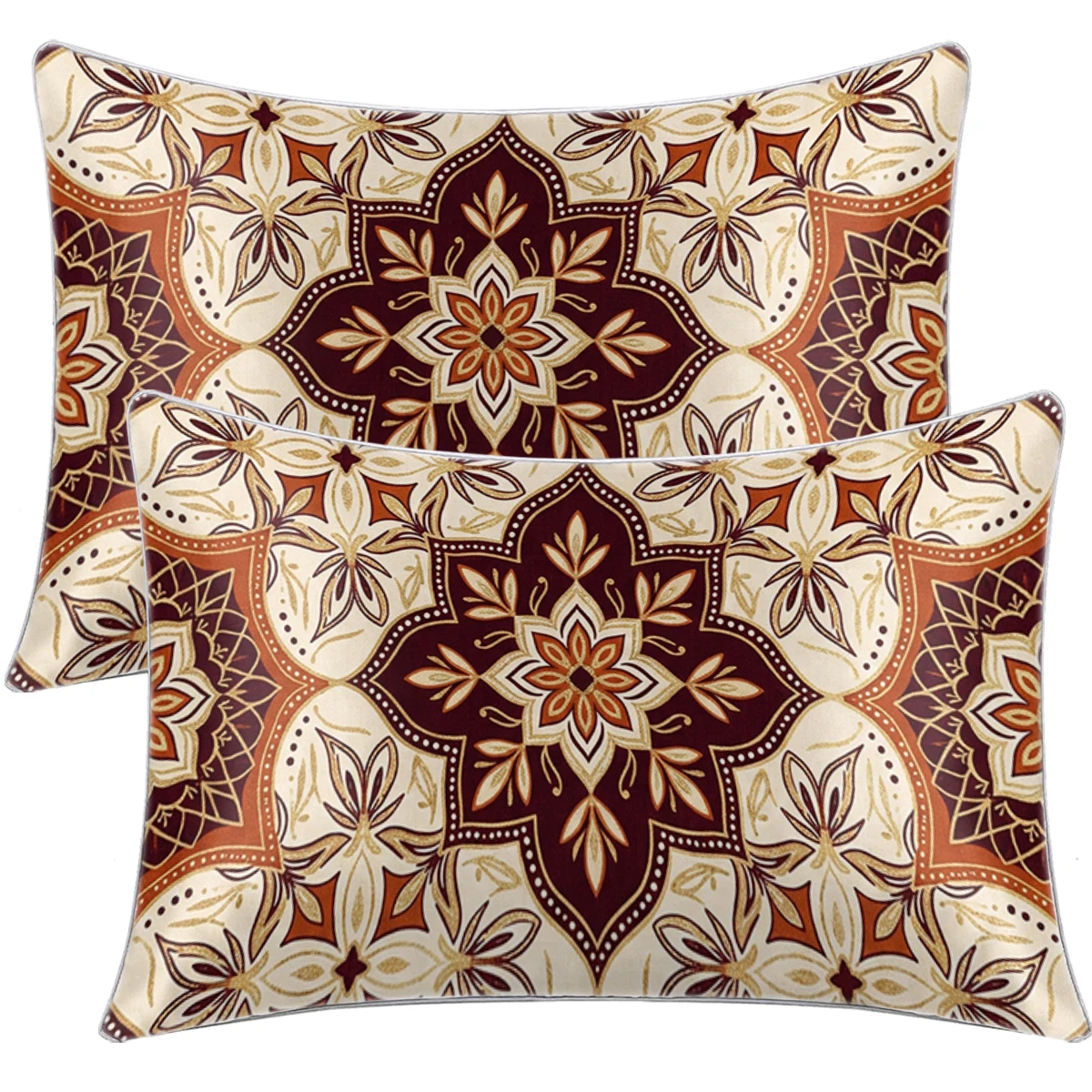 2PCS Vintage Mandala Floral Medallion Print Satin Pillowcase Soft Silk Pillow Cover Envelope Closure Bedroom Decor