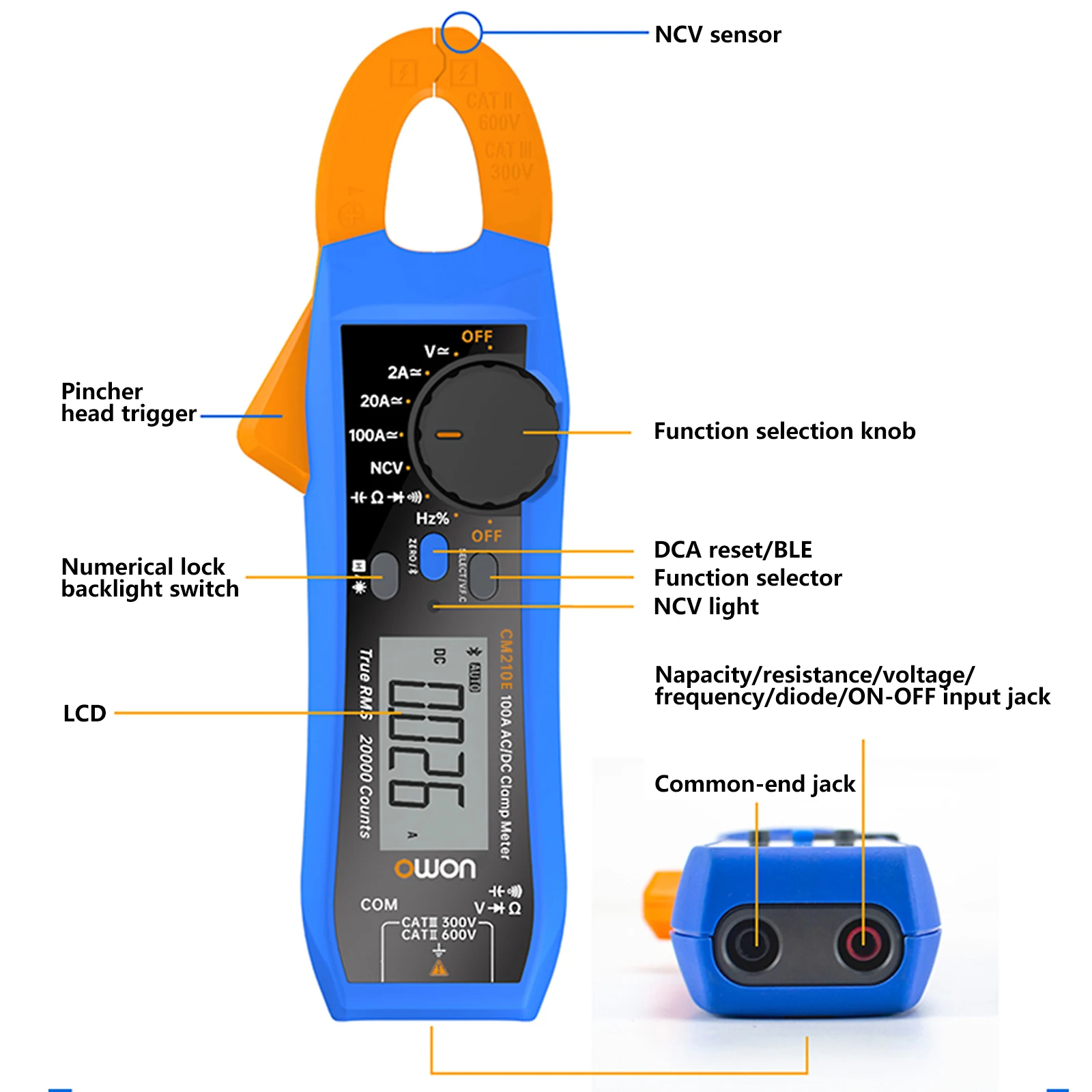 OWON CM210E 20000 Counts Voltmeter Continuity Digital Clamp Meter,600V AC/DC NCV True RMS Mini Multimeter for Measuring Voltage