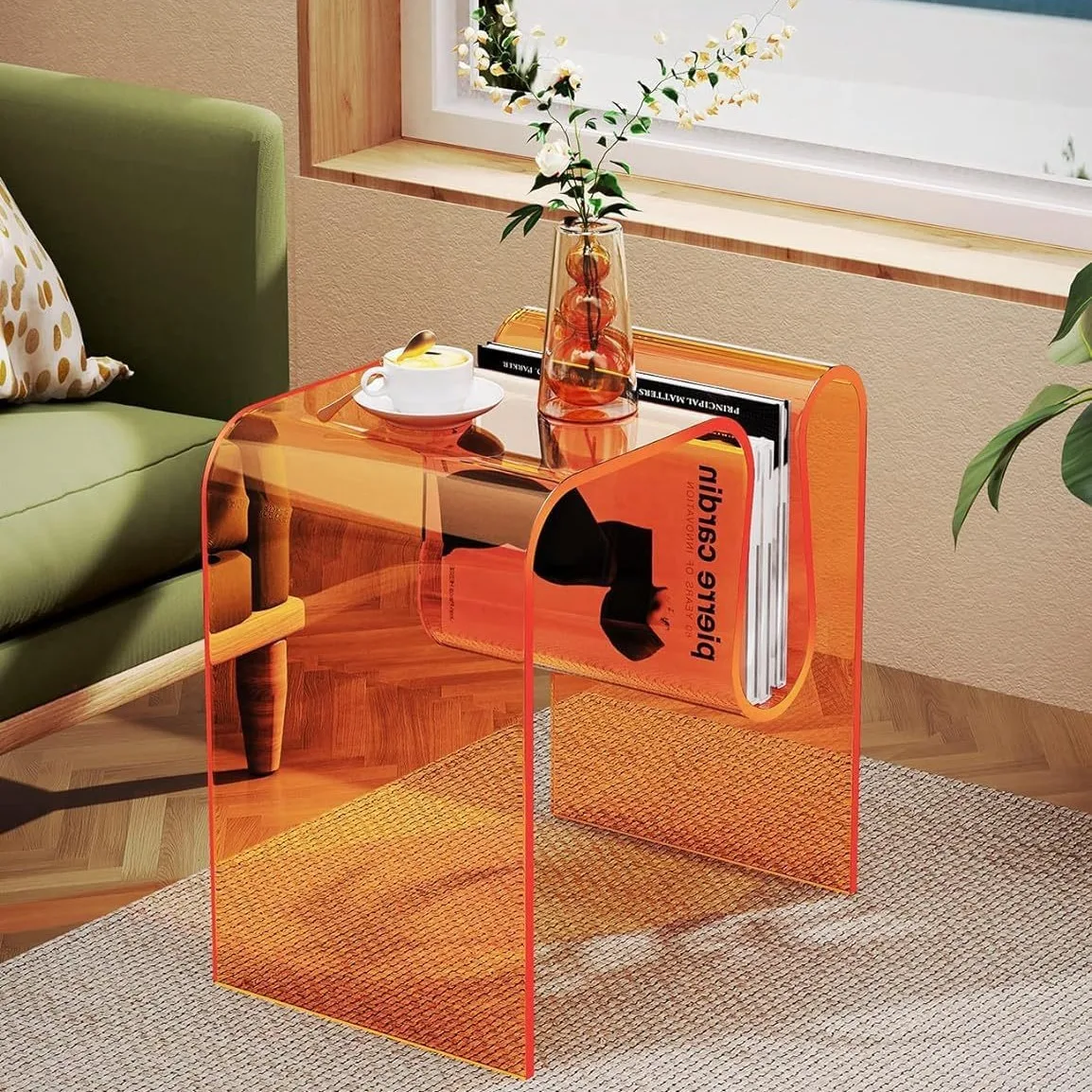 Acrylic side table, living room, small coffee table, bedroom, bedside table, minimalist coffee  M-shaped side  Coffee Tables