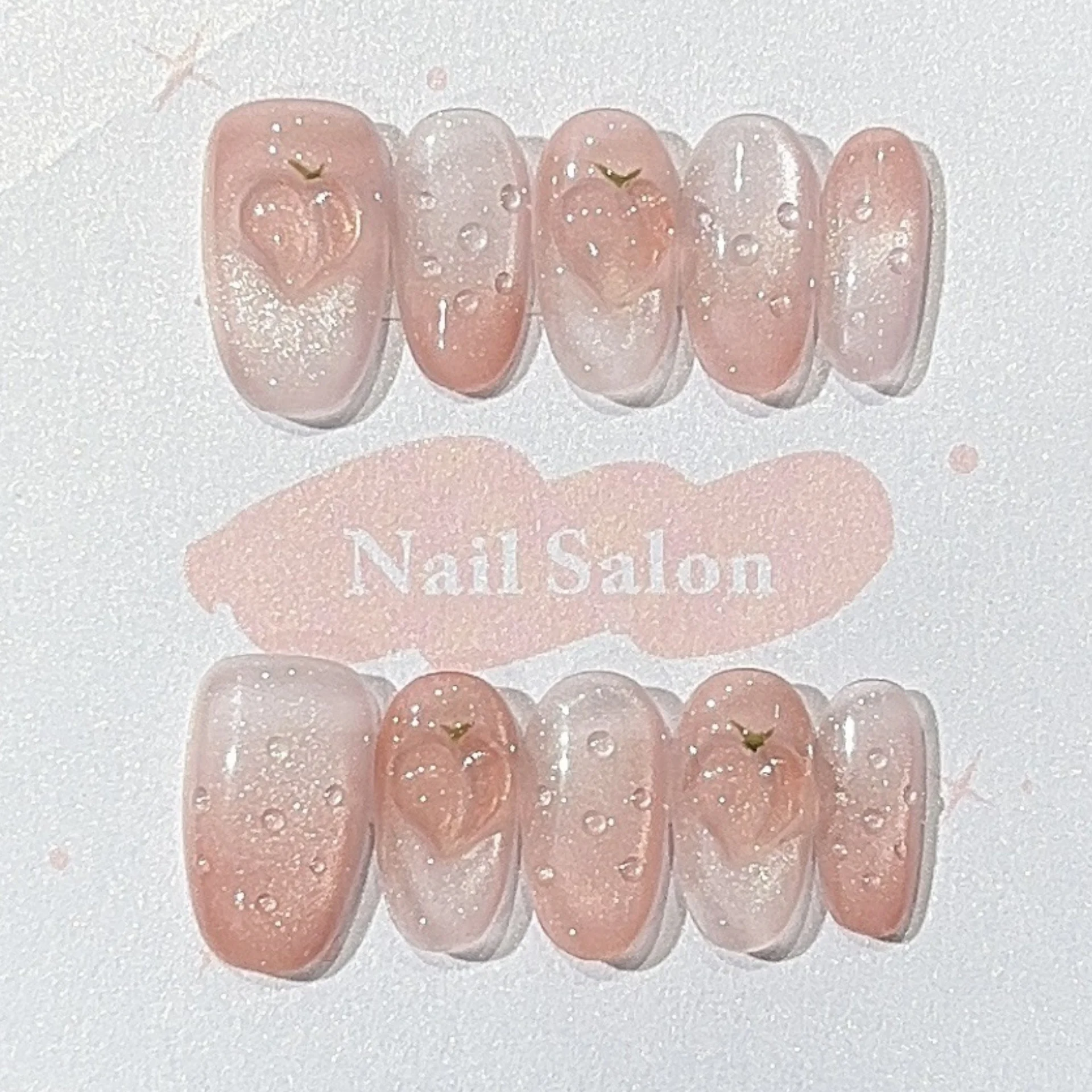 

10pcs Handmade Press on Nails Art Gradient Pink Cat's Eye Short Oval False Nails Tips Sweet Rhinestone Design Fake Nail Finished