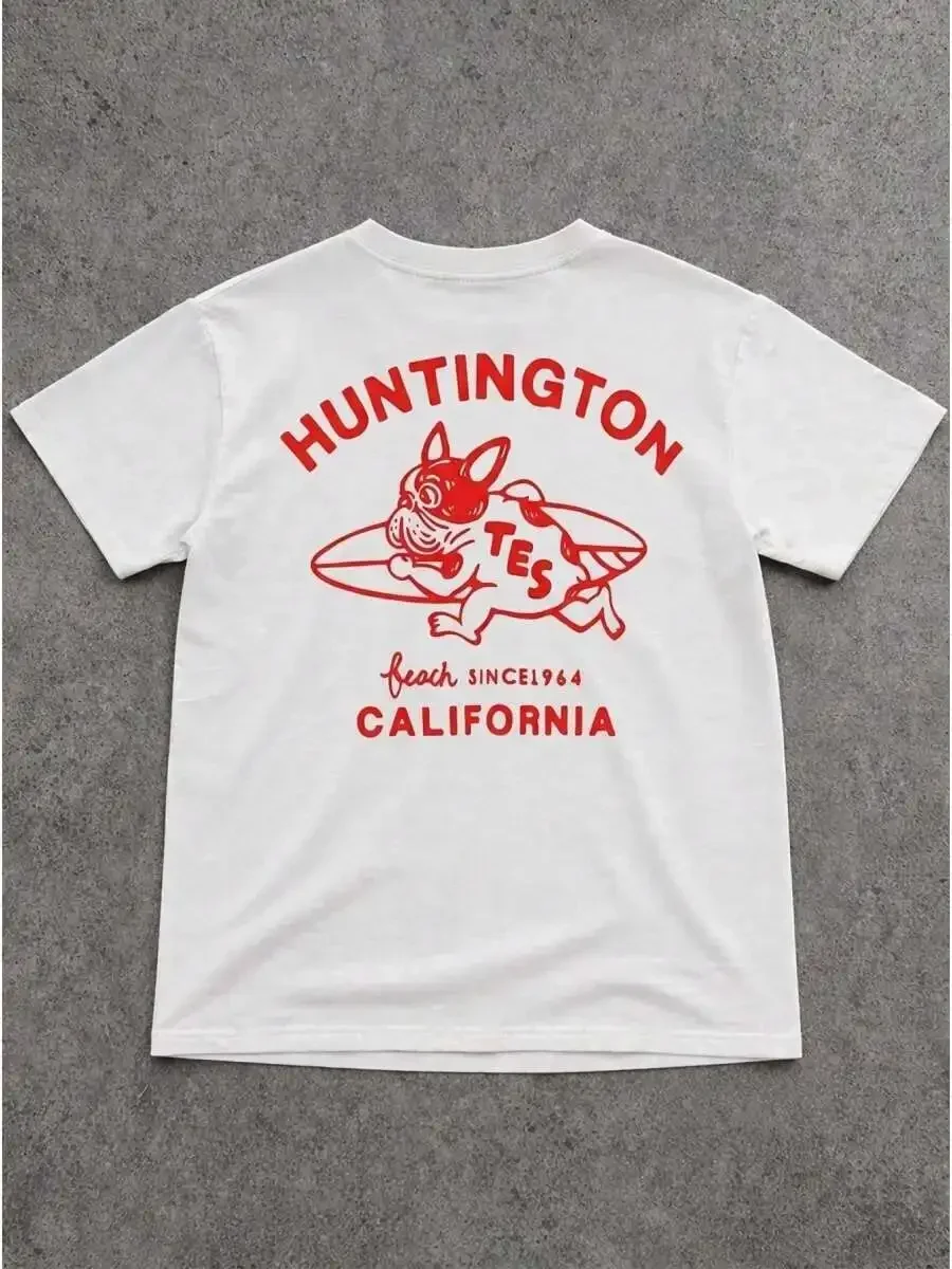 HUNTINGTON Surfing French Bulldog Graphic 100% Pure Cotton Short-Sleeve T-Shirt. Features A Red Surfing French Bulldog Cartoon C
