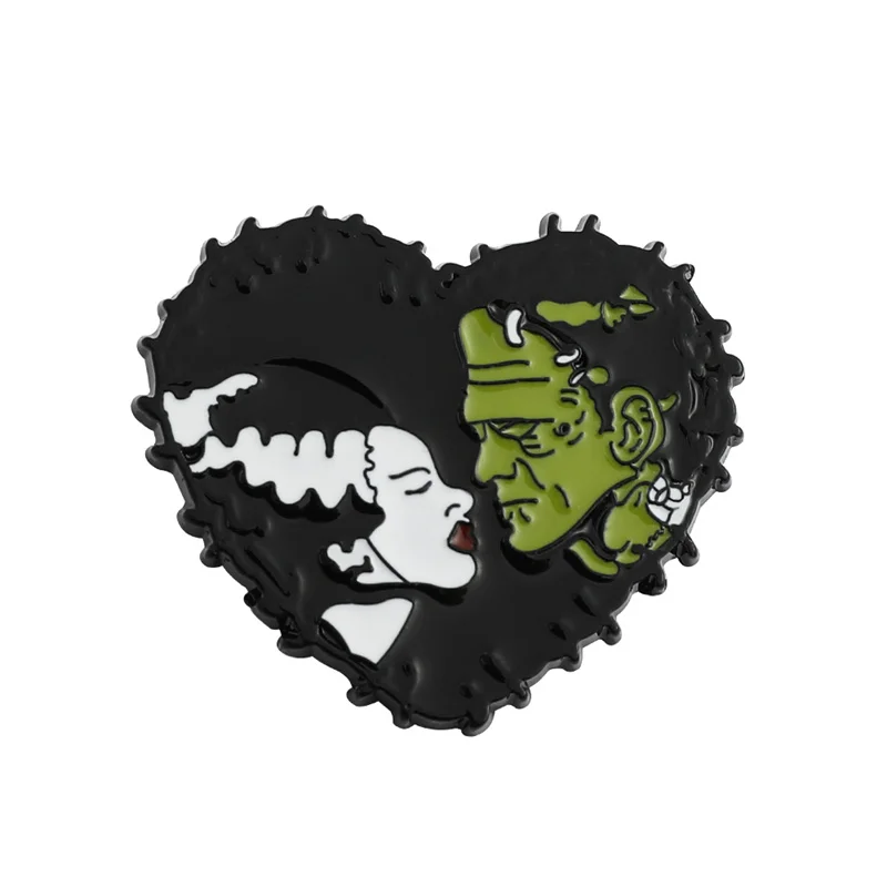 Ghoulish Love Bride & Frankenstein Enamel Pin Loving Dead Heart-shaped Badge Science Horror Movie Brooch Gothic Jewelry Gift