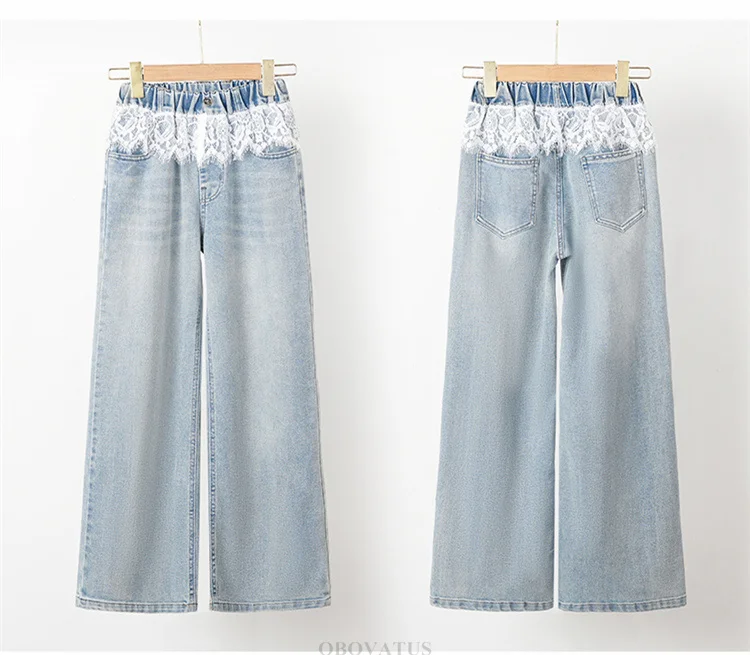 Spitzenjeans für Mädchen, Modische Kleidung für Teenager, Einfarbige, Lose Kinderjeans mit Weitem Bein, Hohe Taille, Spitzendesign, Kinderhose – Detail 6