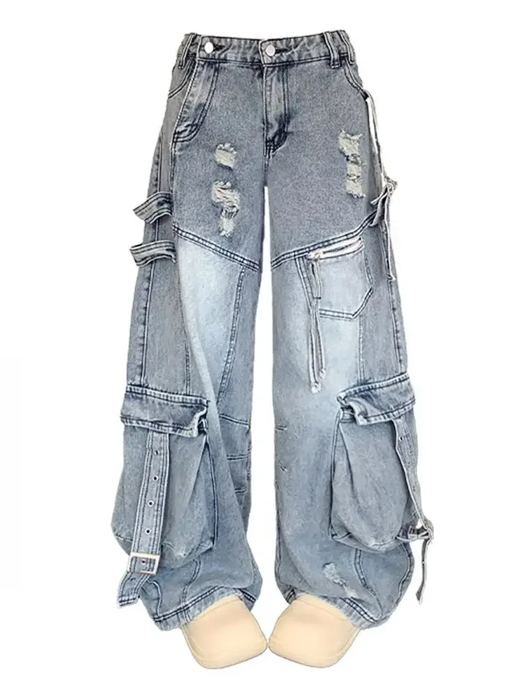 Jean Cargo déchiré Vintage bleu effiloché, multi-poches, pour femmes, Cyber Chic américain Hip Hop Y2k, taille haute, pantalon en Denim droit ample