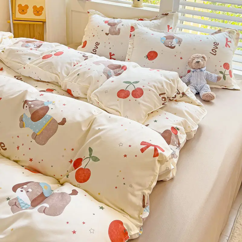 Juego de cama Lucky Dog con bonitos dibujos, sin relleno, funda nórdica doble de tamaño completo, sábana plana, funda de almohada, moda para chicas y niños, nueva ropa de cama