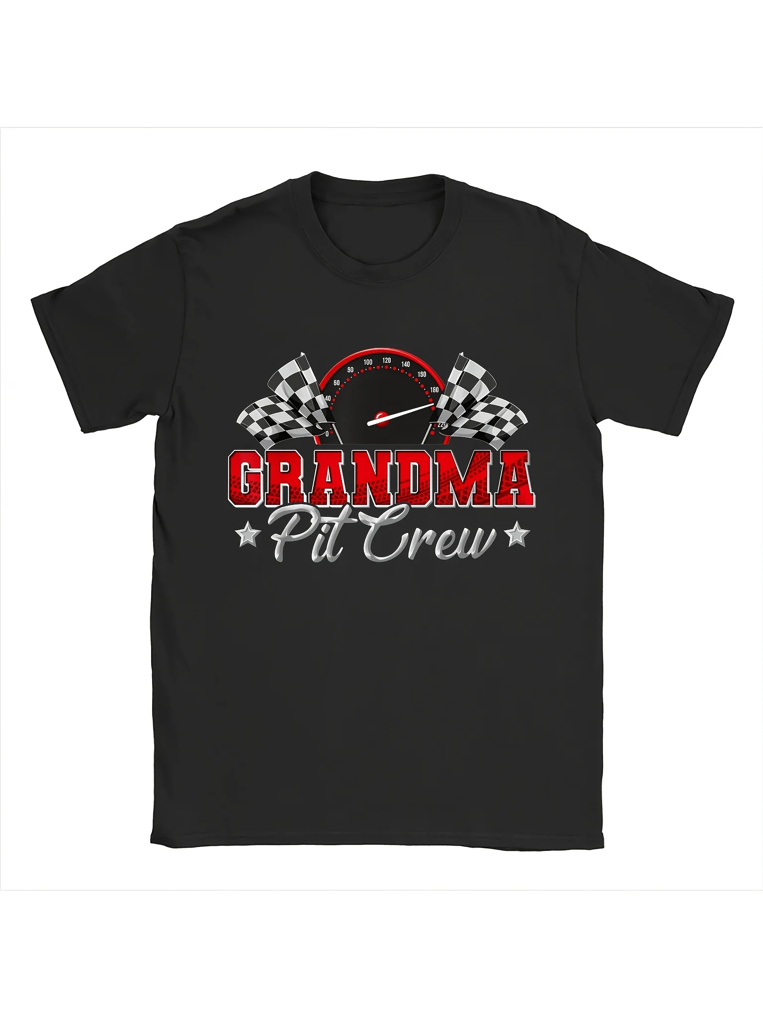Black T-Shirt Featuring Grandma Pit Crew Racing, Designed with a Checkered Flag And Clock, Ideal for Family Birthday Celebrations And Everyday Use