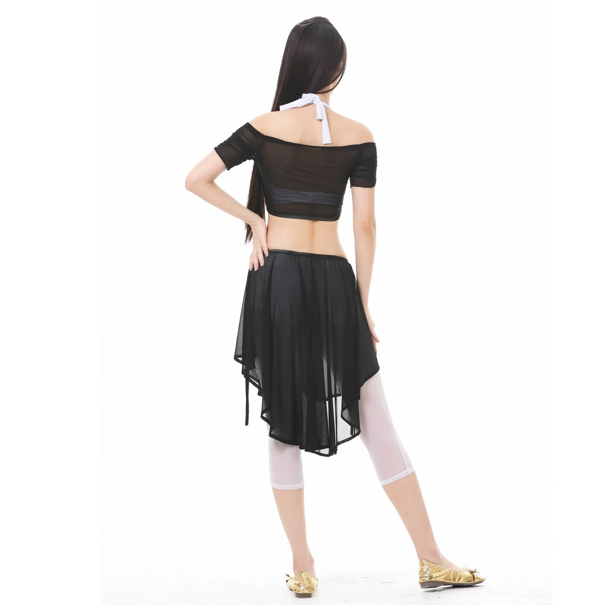 Gaze d'eau épaule plate haut demi-jupe Costume Costume de danse du ventre robe de danse du ventre une pièce Costume de spectacle sur scène