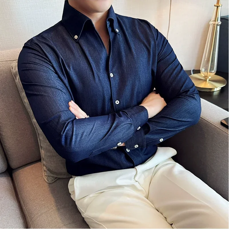 Retro Denim Shirts High Quality Mens Long Sleeve Business Slim Fit Cowboy Shirts Fashion Casual Versatile Men's Social Shirt