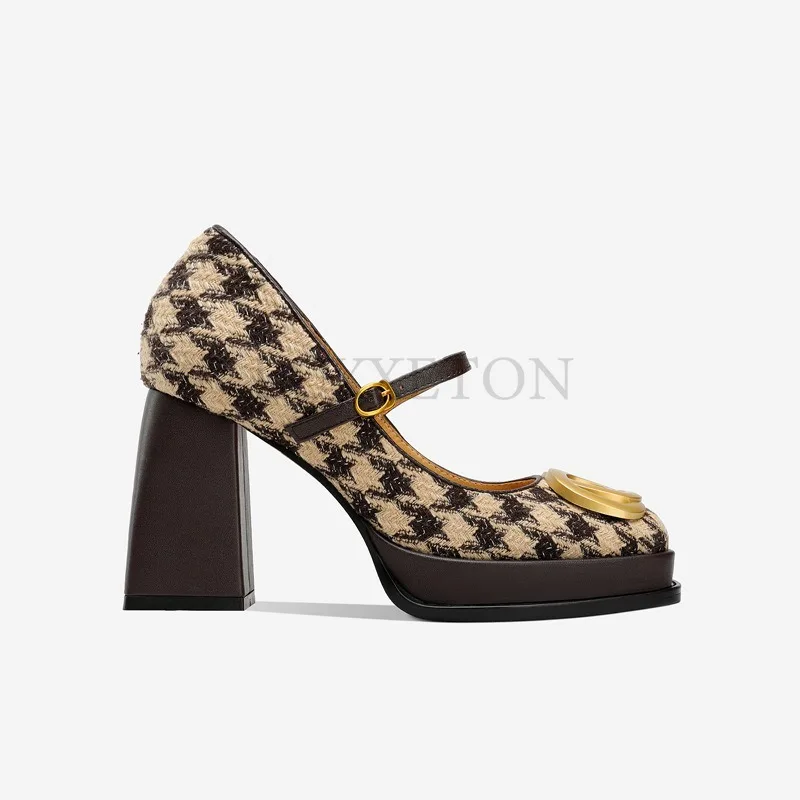 Women Mary Jane Shoes Square Toe Thick Heels High Heels Thousand Bird Plaid Gentle Style Shallow Mouth Fashionable Single Shoes