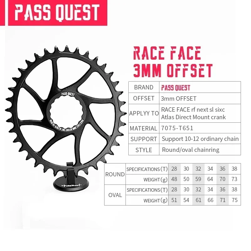 PASS QUEST 3mm Offset Direct Mount Chainring Round/Oval Black/Sliver 28T-38T Moonplate for RACE FACE NEXT SL SIXC ATLAS Crankset