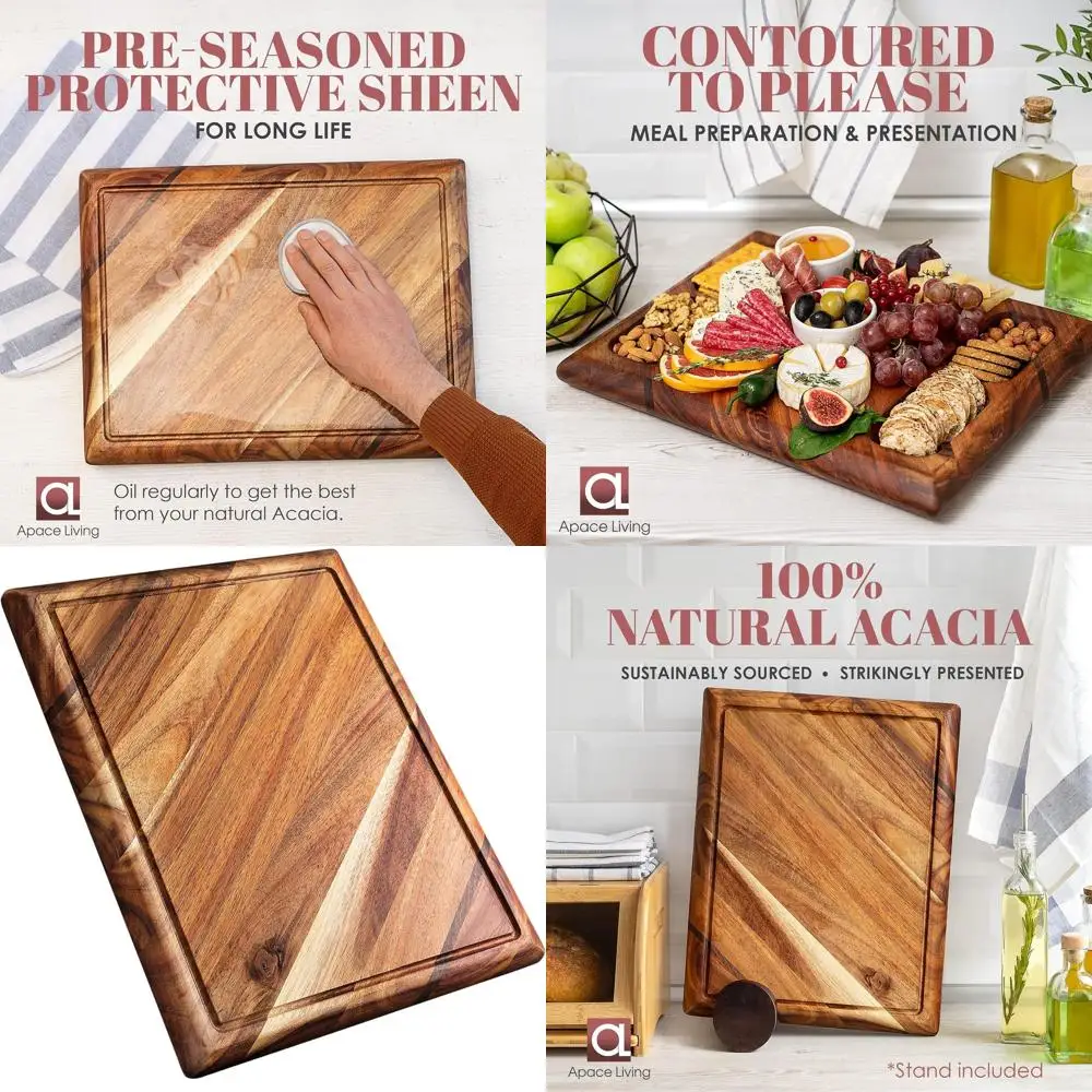 

Large Acacia Wood Chopping Board with Stand, Sustainable, Juice Groove, 4-Compartment Serving, 17x13x1.5