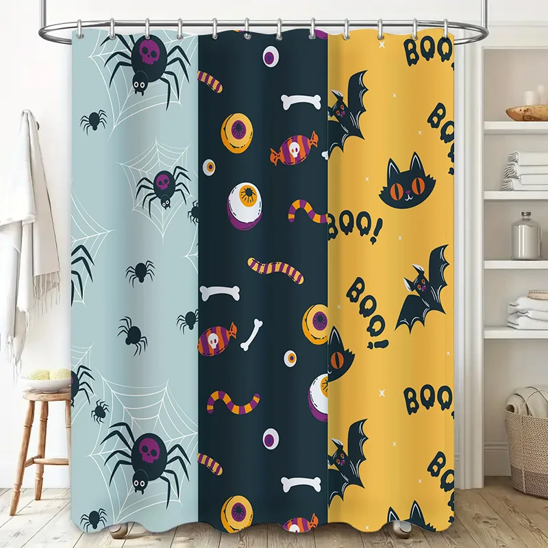 Halloween-themed shower curtain sets with spooky designs like bats, spiders, candy corn, and more! Perfect for your haunted hous