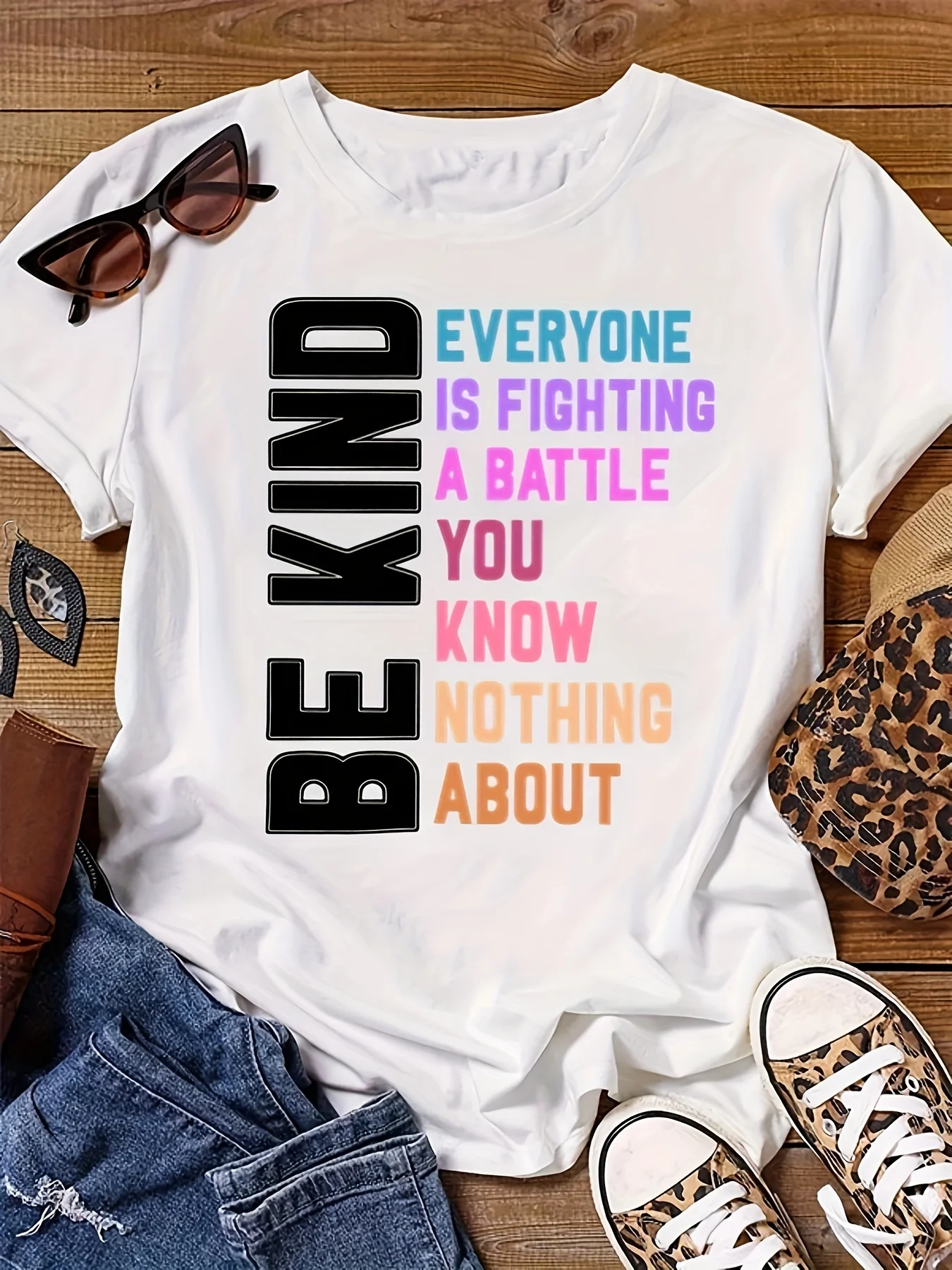 Plus Size - Plus Size - Short-Sleeve BEKIND Colorful Letter Printed Round-Neck T-Shirt