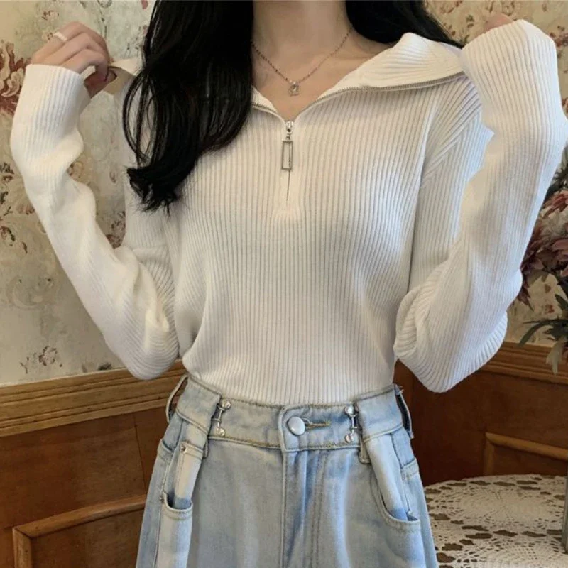 Pullovers Sweater Women Clothing S-5XL Zipper Design Temper Solid Basics Loose Korean Style Knitted Casual Daily Feminino Lady