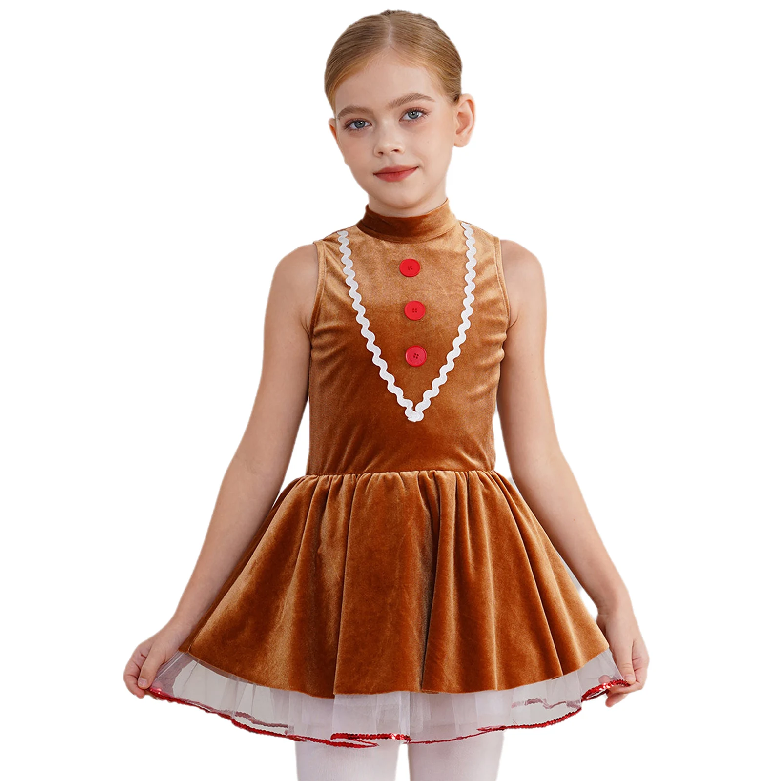 Kids Girls Christmas Gingerbread Man Costume Sleeveless Velvet Ballet Dance Tutu Dress Skating Leotard for Holiday Xmas Party