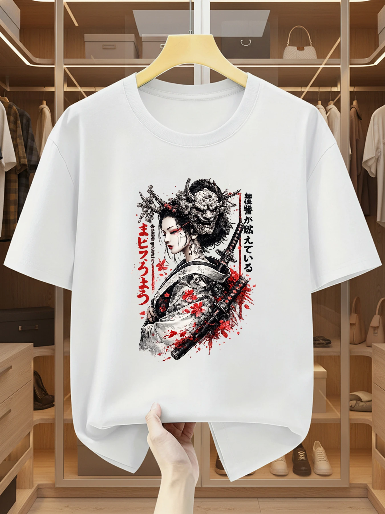 Men's 100% Cotton Japanese Geisha Samurai Print Short-sleeve T-shirt, Oriental Mystical Style Pattern Top