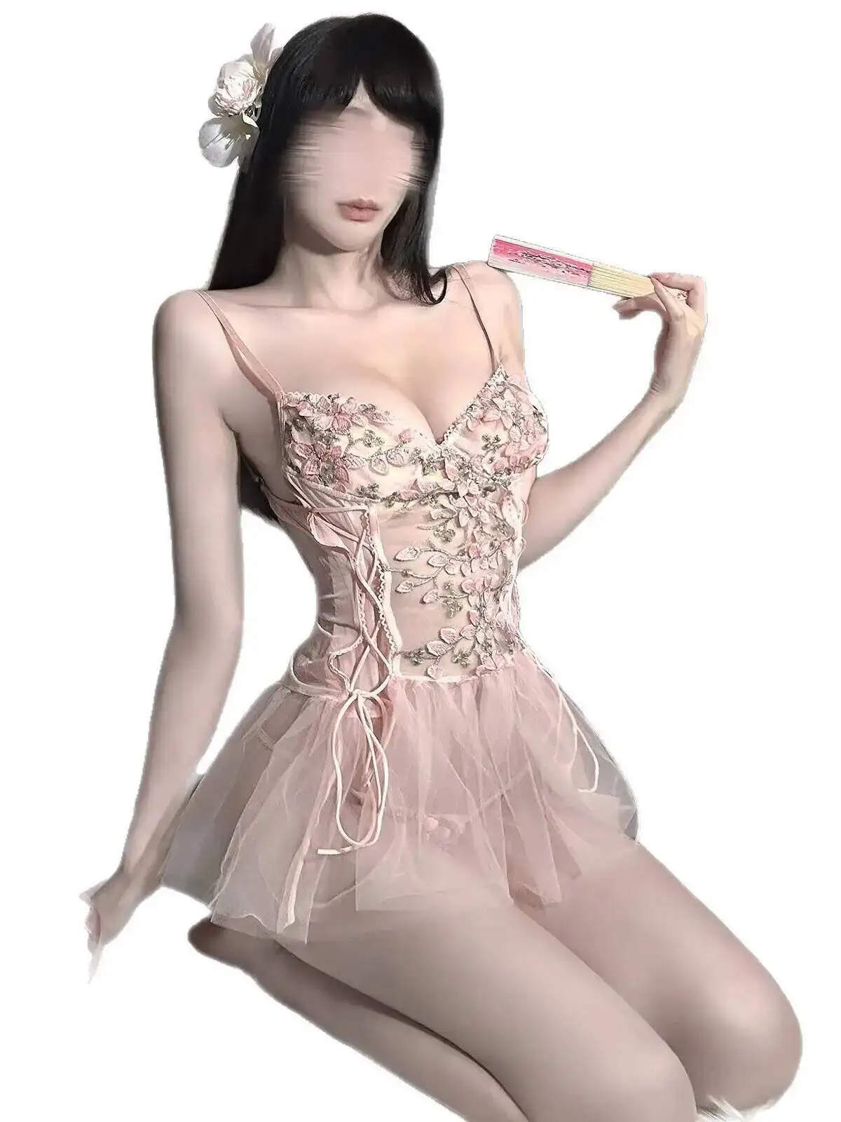 Nightclub Sexy Pure Desire Deep V Flower Embroidery Dress Similar To Puffy Backless Deep V Suspenders Sleeveless Dress Mesh 52M1