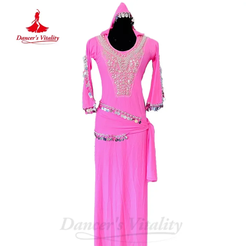 BellyDance Costume Women's Customized Exquisite Pearl Sequin Robe+headscarf+hip Scarf 3pcs Oriental Belly Dancing Perform Outfit