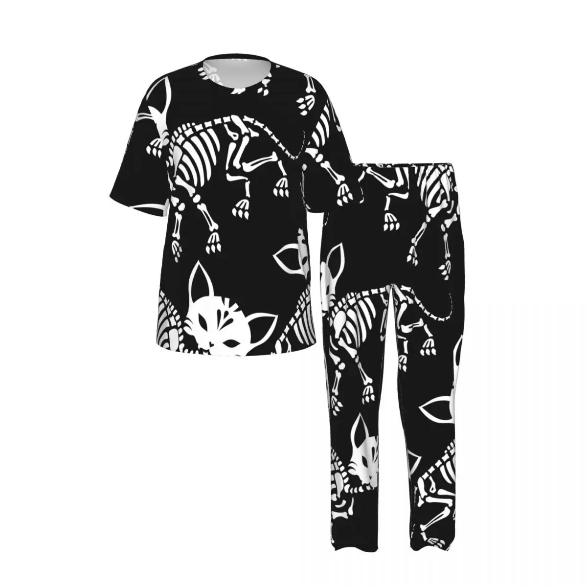 Men's short-sleeved pajamas two-piece trousers Cute Skeletons Cats Day Of The Dead home wear suit sleepwear