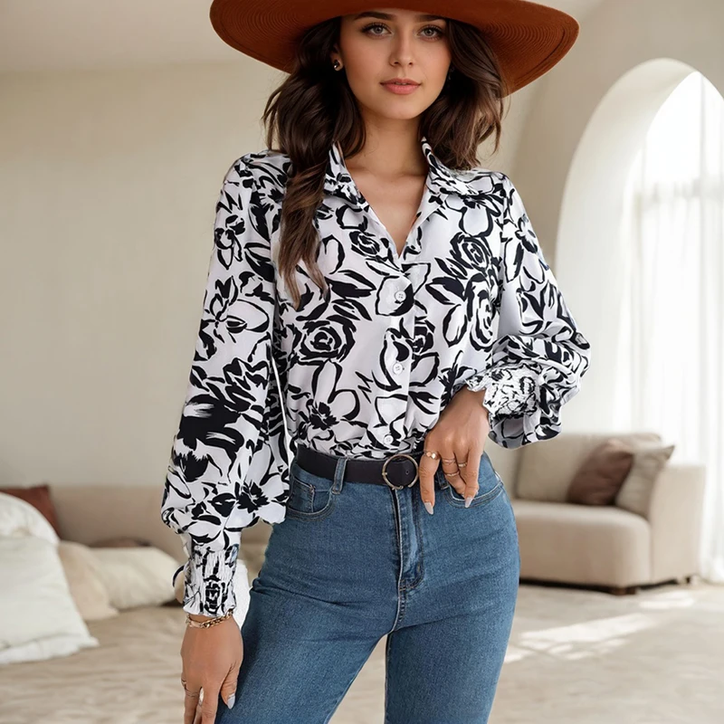 Casual Versatile Women's Top Loose Buttoned Contrast Color Elasticity Flower Print Lapel Blouses Fashion Daily Commuting Shirt