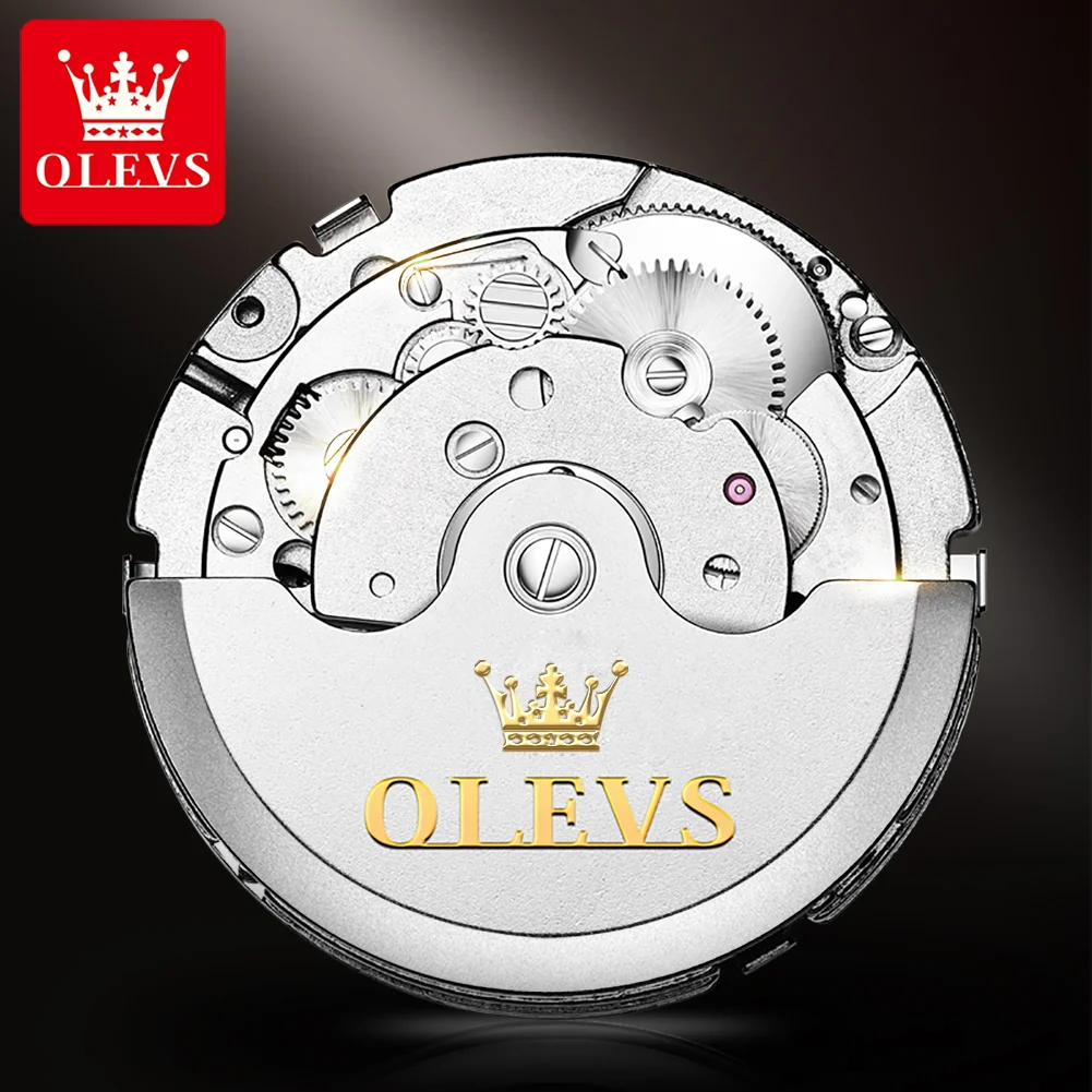 OLEVS-6607 Men's Stainless Steel Waterproof Business Relógios de pulso, esqueleto Calendar Clock, relógio mecânico automático, Classic Strap